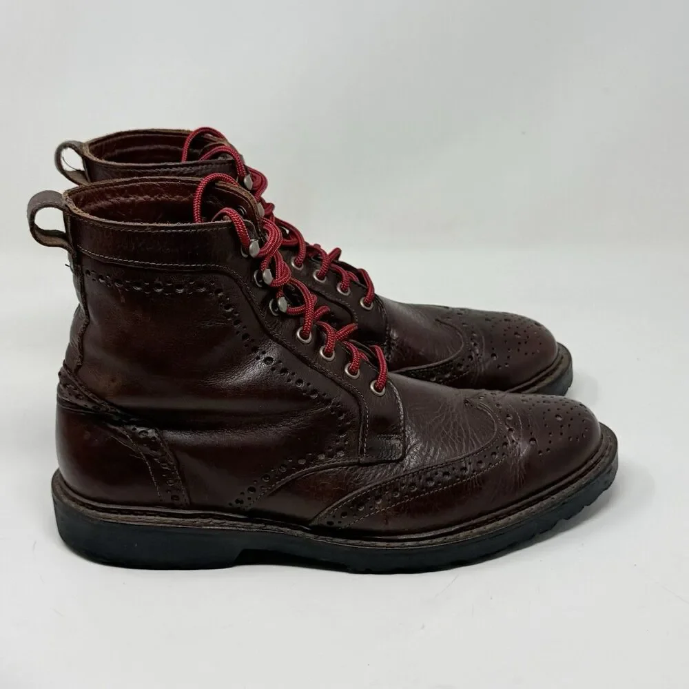 Allen Edmonds Long Branch Boots Mens 9.5 D Brown Leather Wingtip Vibram Lug Sole